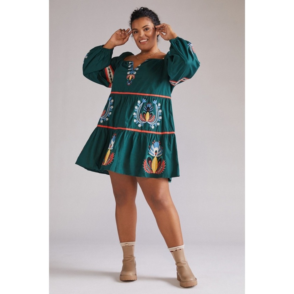 Anthropologie Let Me Be Boho Long Sleeve Embroidered Tunic Dress Teal 2X New